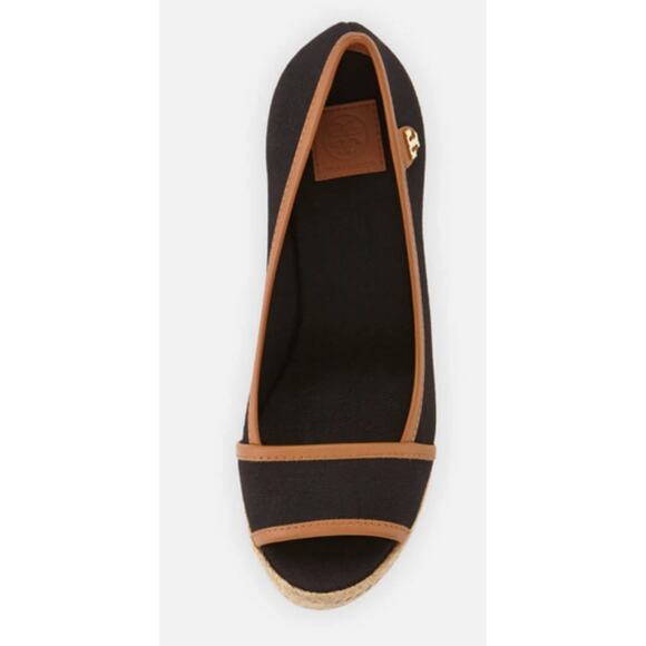 Tory Burch Majorca Wedge Sandal Peep Toe Black Canvas Espadrille Size 9 - Picture 3 of 13